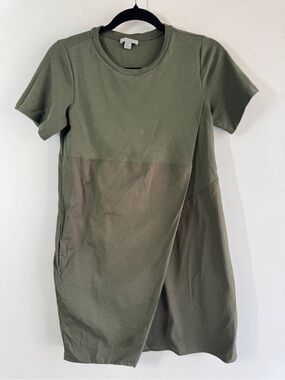 COS Olive Mixed Media Shift Dress XS Minimalist Modern Cotton Midi Quiet Luxury